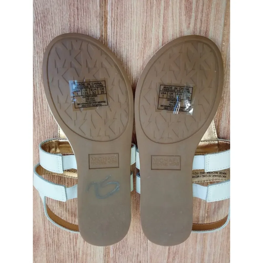 MICHAEL KORS Girls T-Strap Sandals Logo Open-Toe Shoes White/Gold Size 1 NWOB